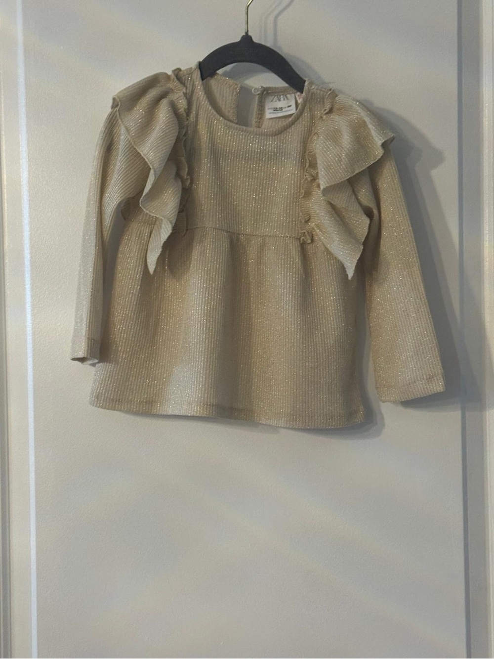 Zara Cream Metallic Ruffle Long-Sleeve Top